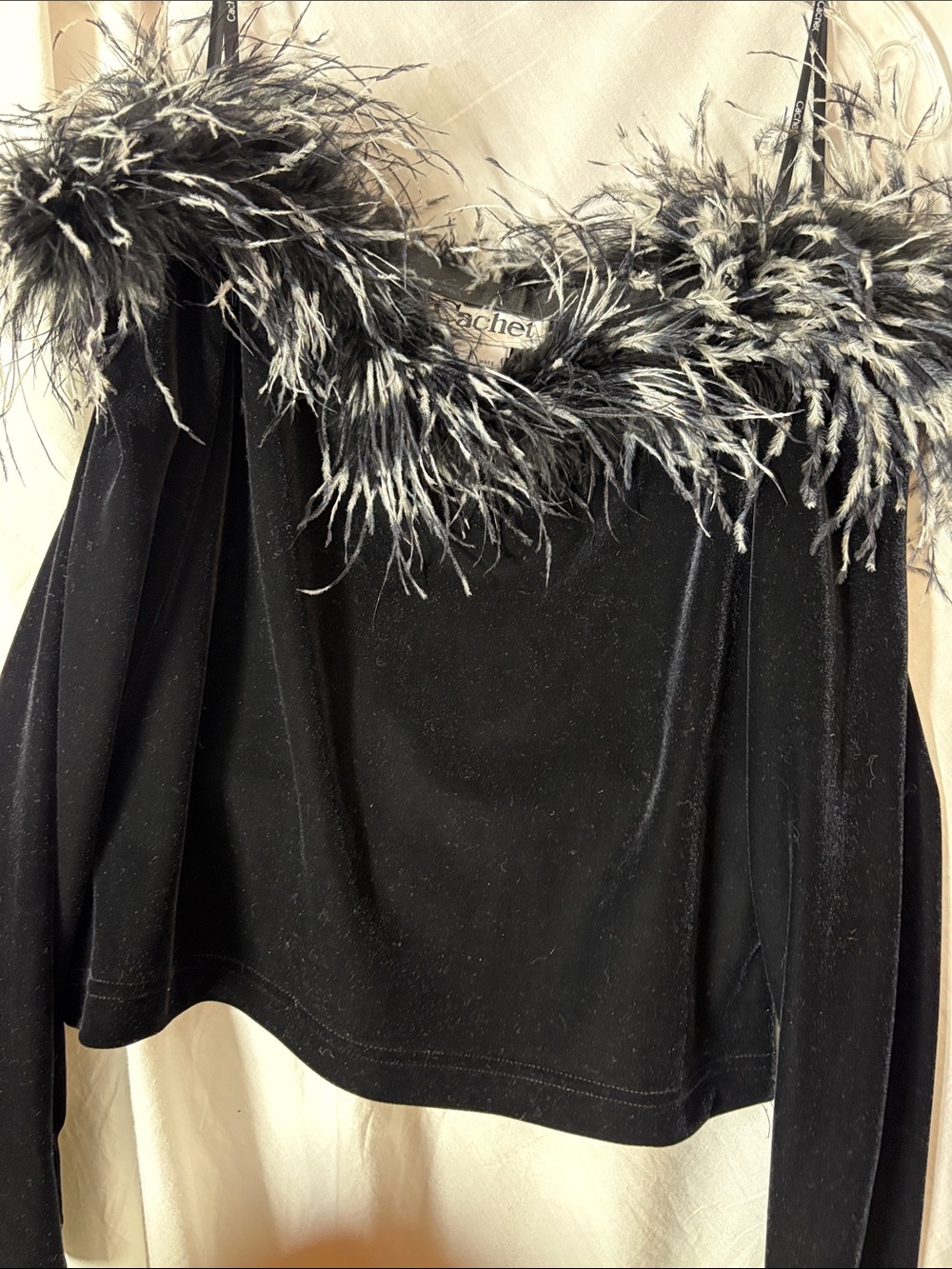 Cachet Black long sleeve velvet with Black-and-White Feather Trim